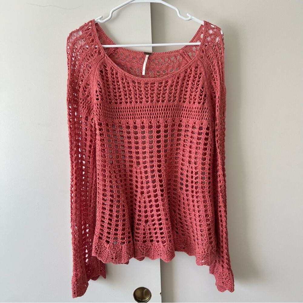 Free People Annabelle Crochet Pullover Fisherman Boho Sweater Coral Pink Medium - Picture 4 of 10